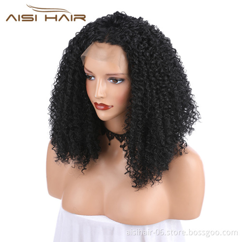 Aisi Hair Medium Long Natural Black Wig Afro Kinky Curly Lace Front Wig Party Front Lace Synthetic Hair Wigs For Black Women